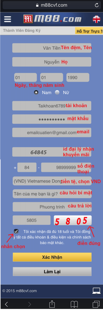 Form đăng ký M88 trên di động